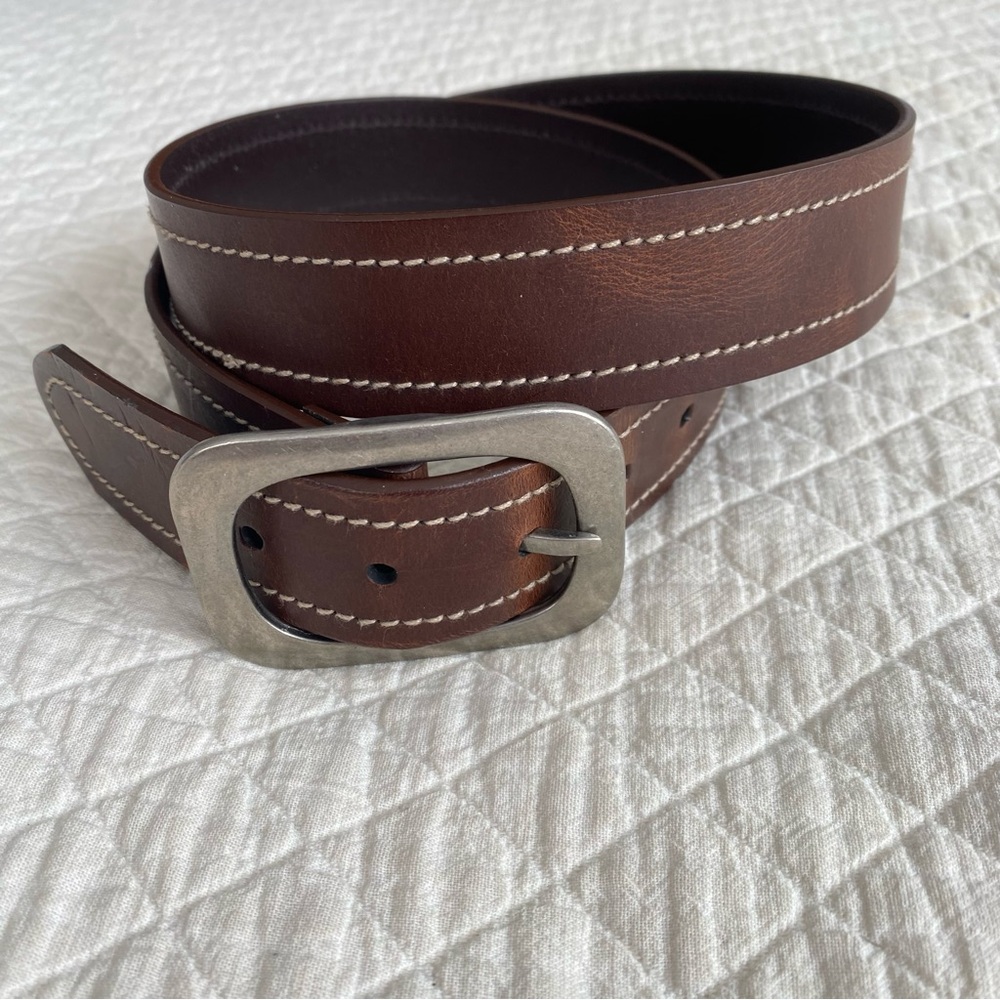 Brown Leather Belt White Stitching Silver Buckle Preppy Classic Workwear Size XL